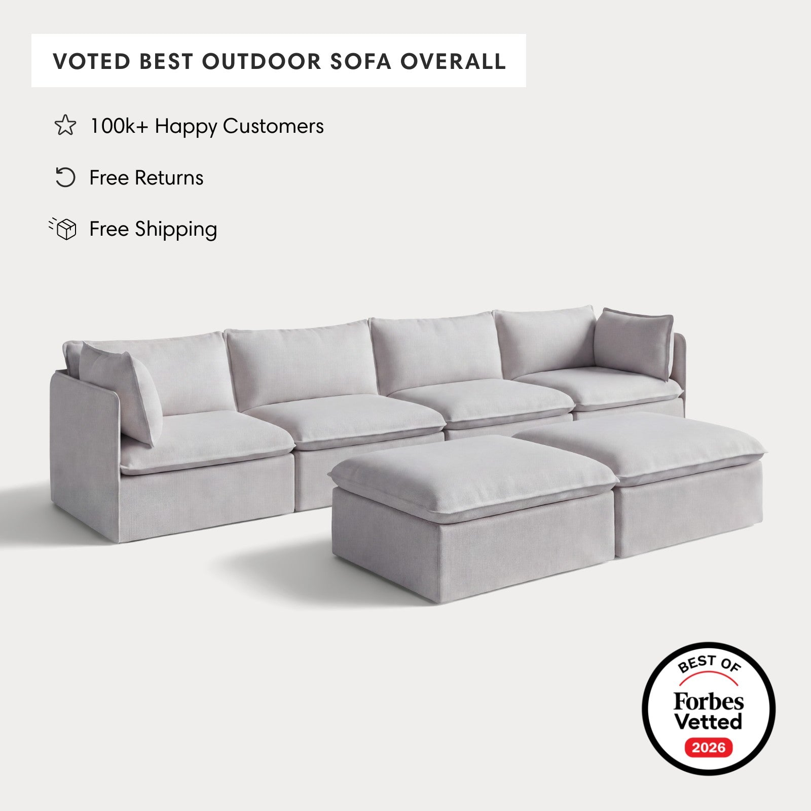 Modular Outdoor Washable 4-Seater + Bench Ottoman | Nano Slubweave in Mist