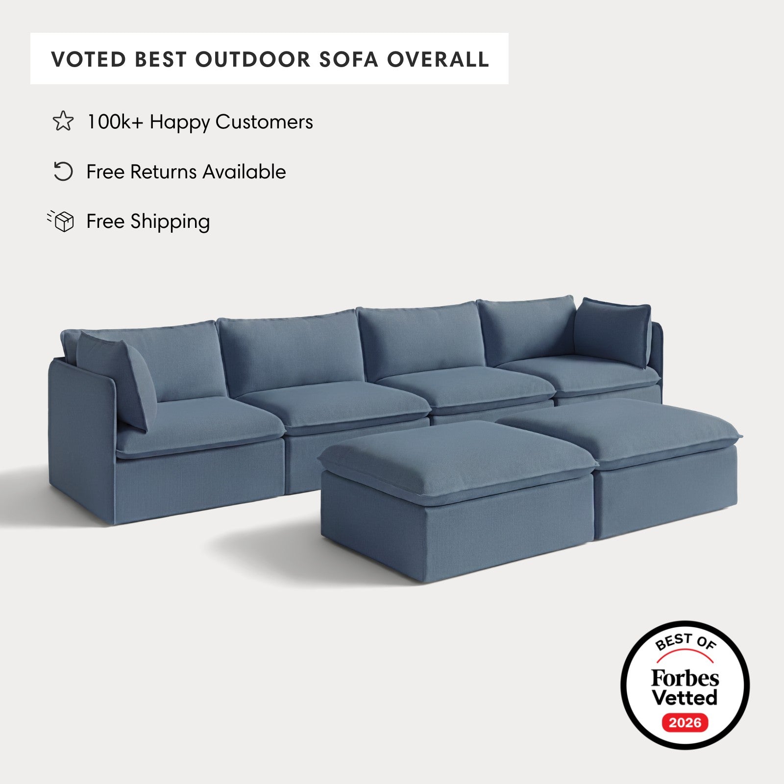 Modular Outdoor Washable 4-Seater + Bench Ottoman | Classic Canvas in Ocean
