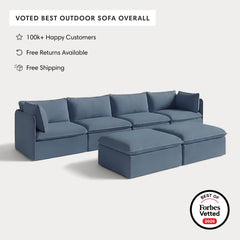 Modular Outdoor Washable 4-Seater + Bench Ottoman | Classic Canvas in Ocean
