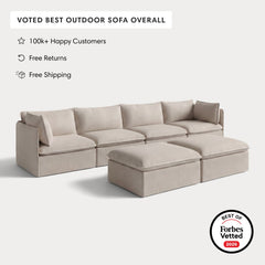 Modular Outdoor Washable 4-Seater + Bench Ottoman | Classic Canvas in Sand