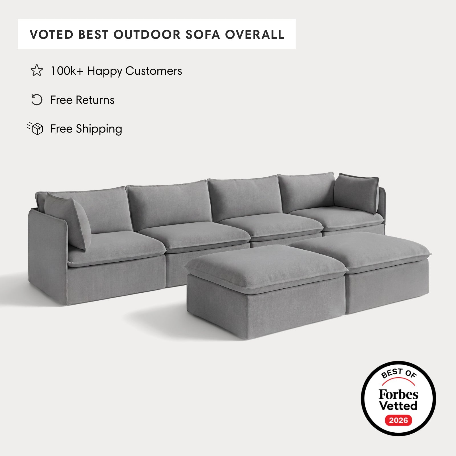 Modular Outdoor Washable 4-Seater + Bench Ottoman | Classic Canvas in Stone Gray