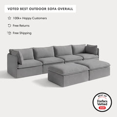Modular Outdoor Washable 4-Seater + Bench Ottoman | Classic Canvas in Stone Gray