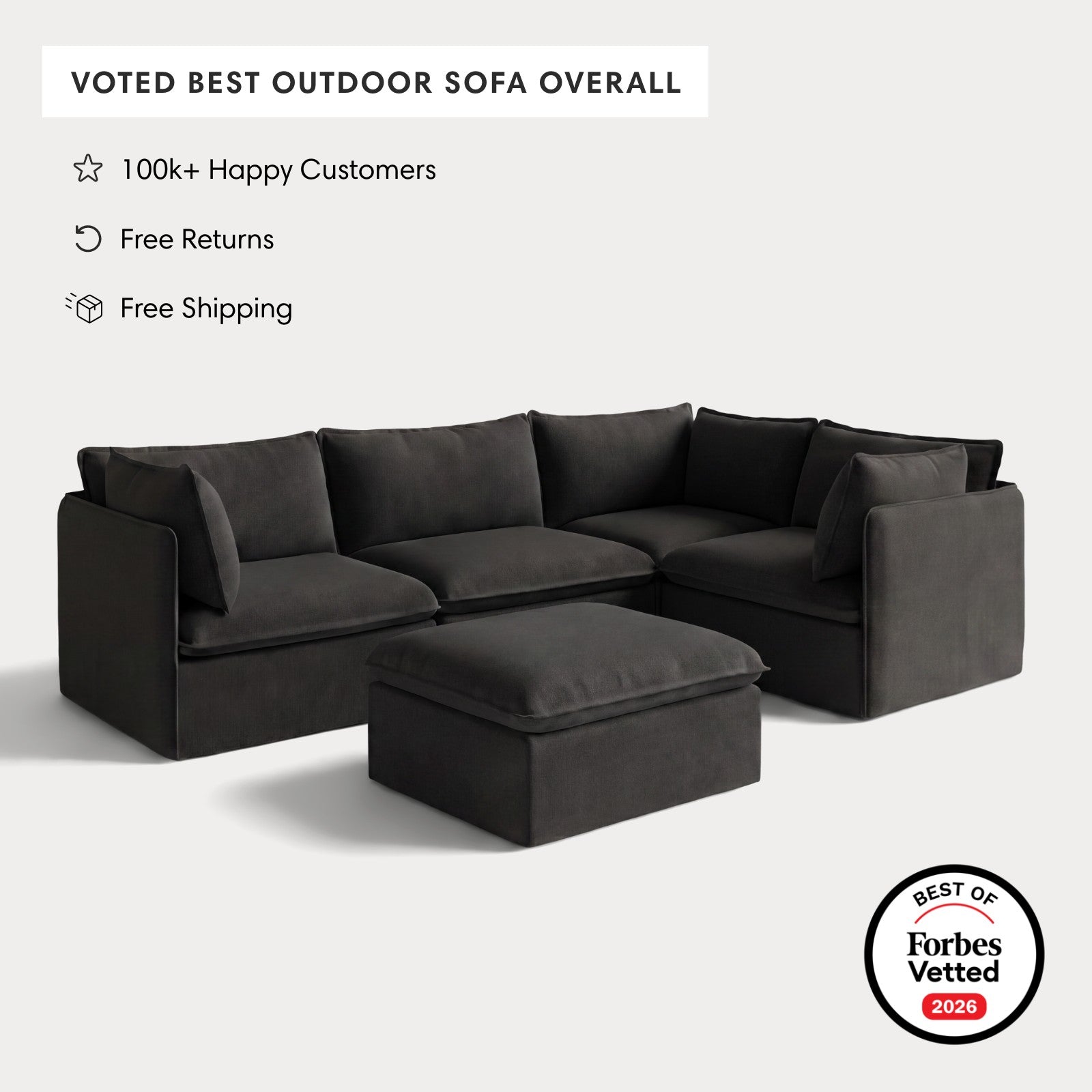 Modular Outdoor Washable 4-Seater Corner Sectional + Ottoman | Classic Canvas in Charcoal