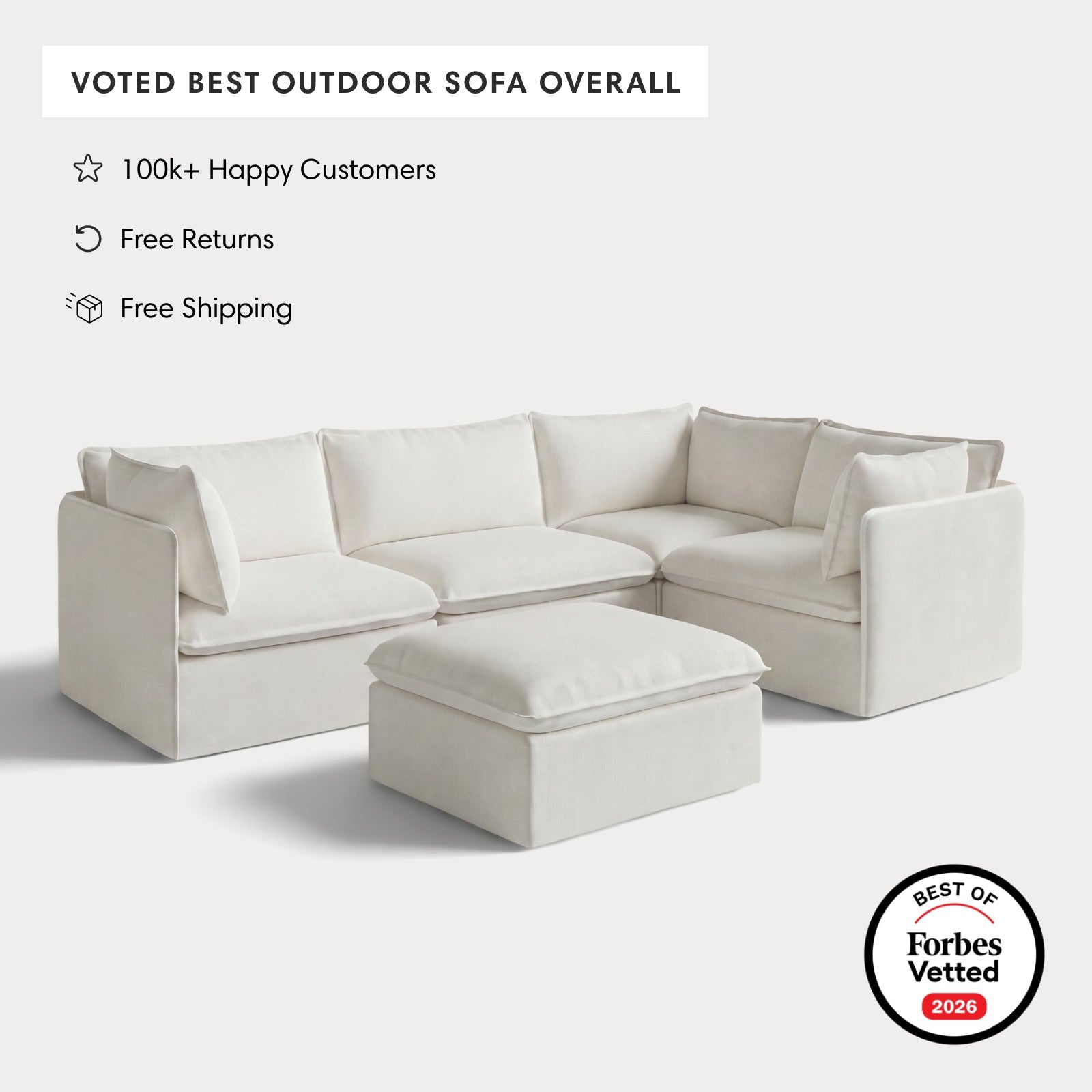 Modular Outdoor Washable 4-Seater Corner Sectional + Ottoman | Classic Canvas in Cloud