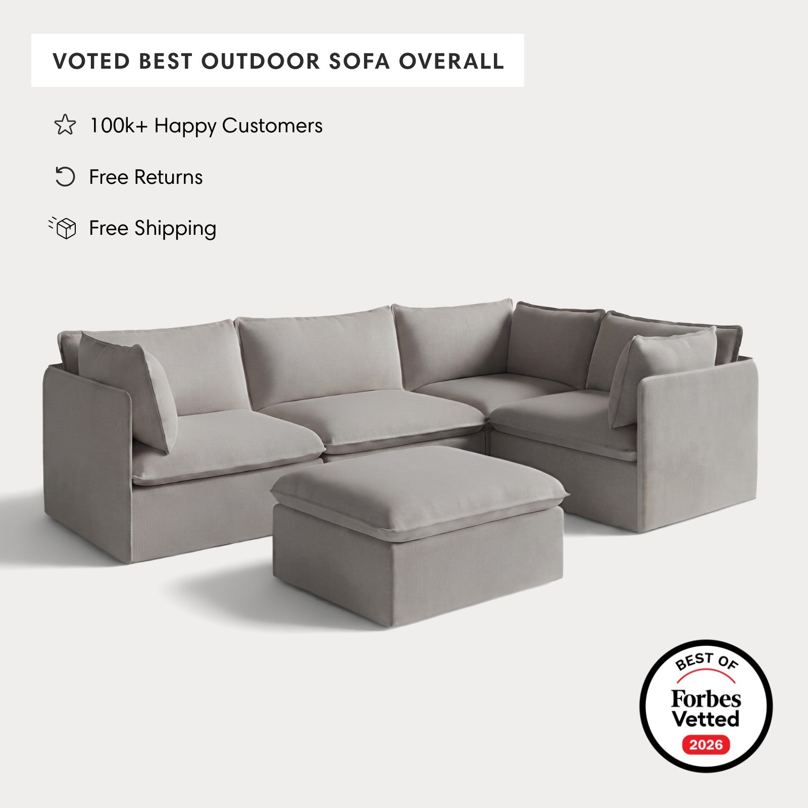 Modular Outdoor Washable 4-Seater Corner Sectional + Ottoman | Nano Slubweave in Haze Gray