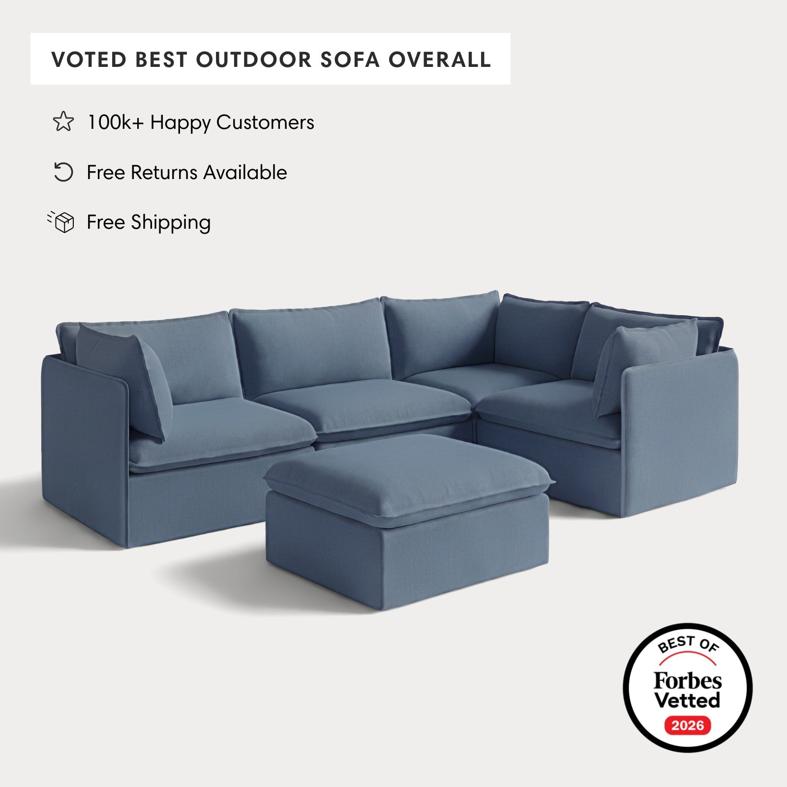Modular Outdoor Washable 4-Seater Corner Sectional + Ottoman | Classic Canvas in Ocean