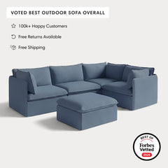 Modular Outdoor Washable 4-Seater Corner Sectional + Ottoman | Classic Canvas in Ocean
