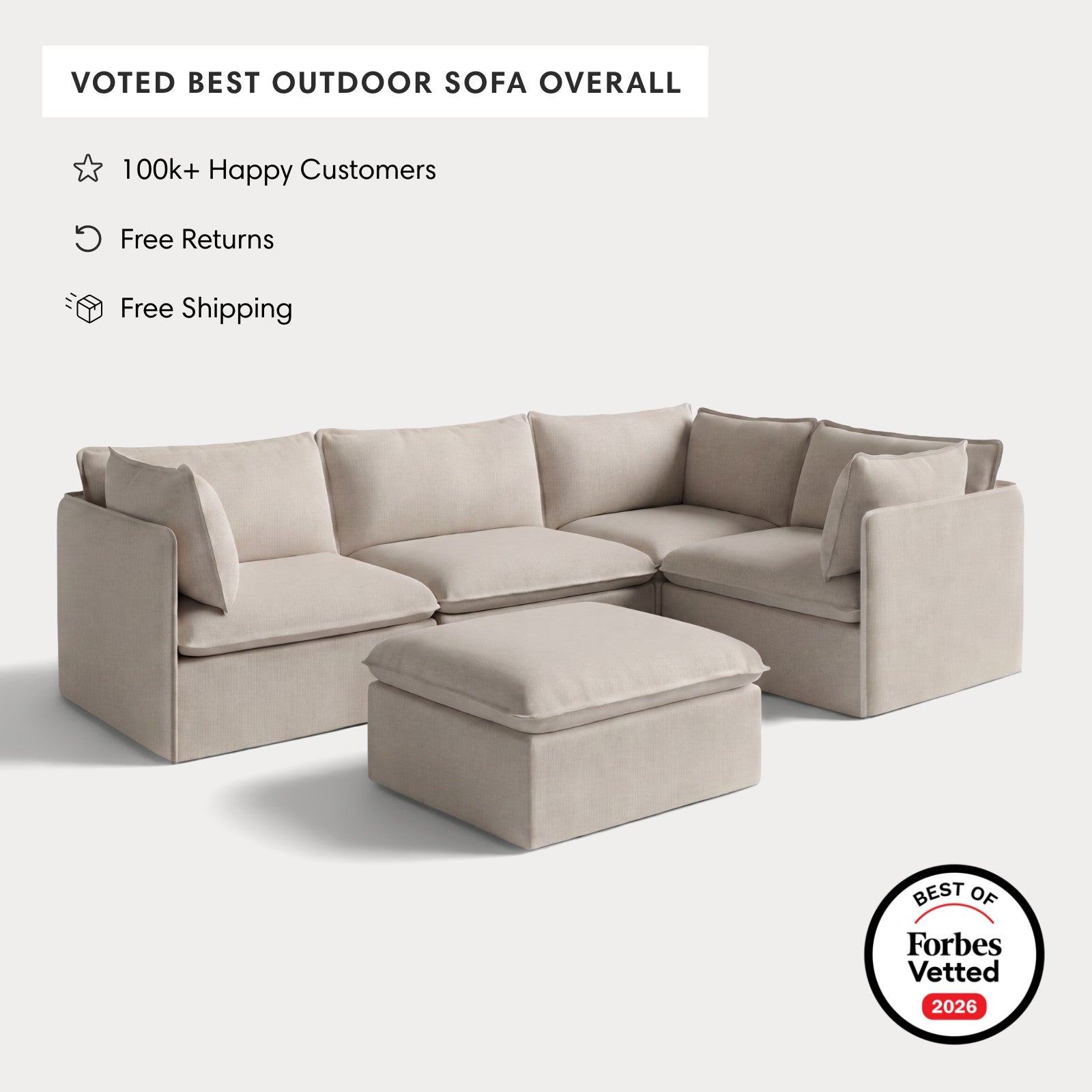 Modular Outdoor Washable 4-Seater Corner Sectional + Ottoman | Classic Canvas in Sand