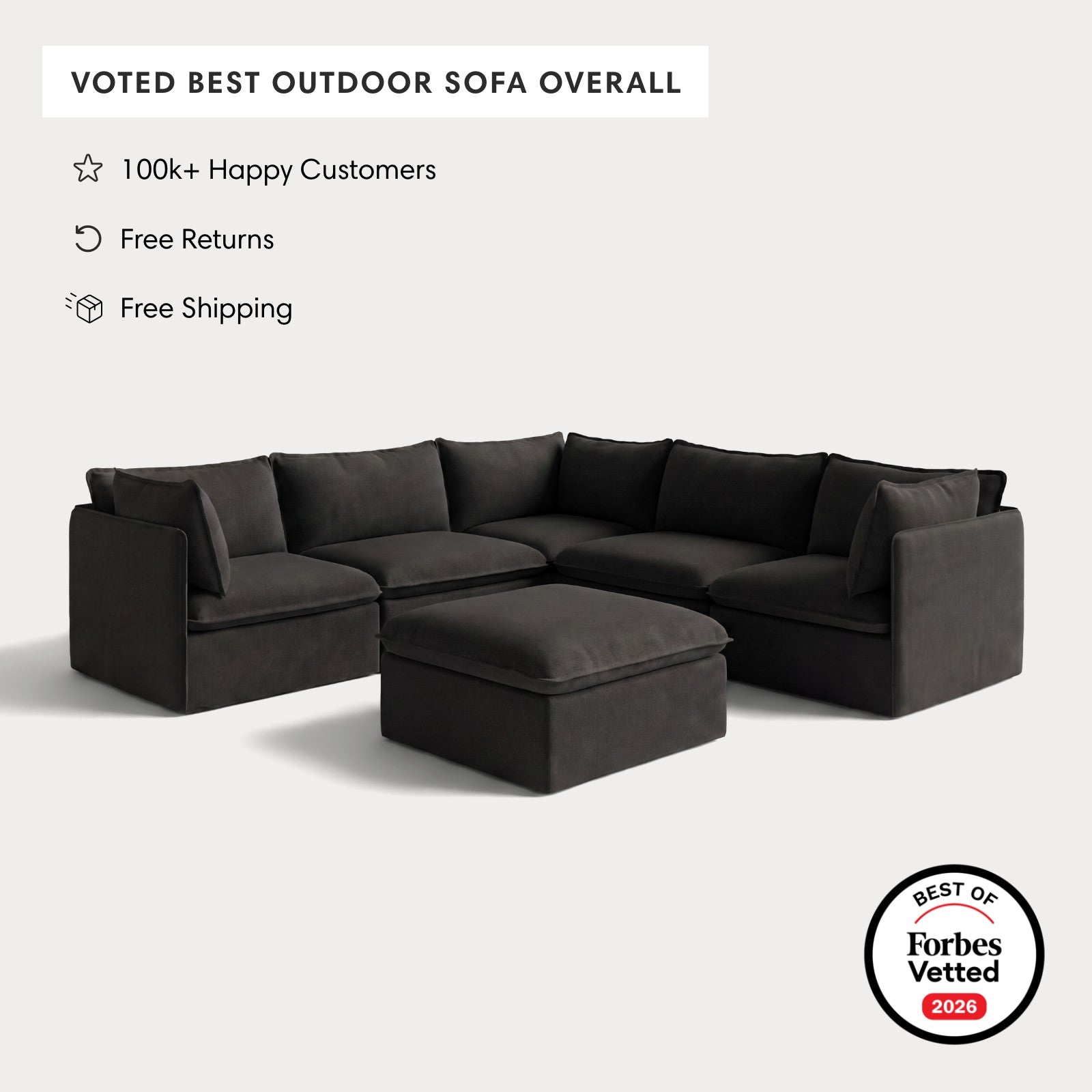 Modular Outdoor Washable 5-Seater Corner Sectional + Ottoman | Classic Canvas in Charcoal