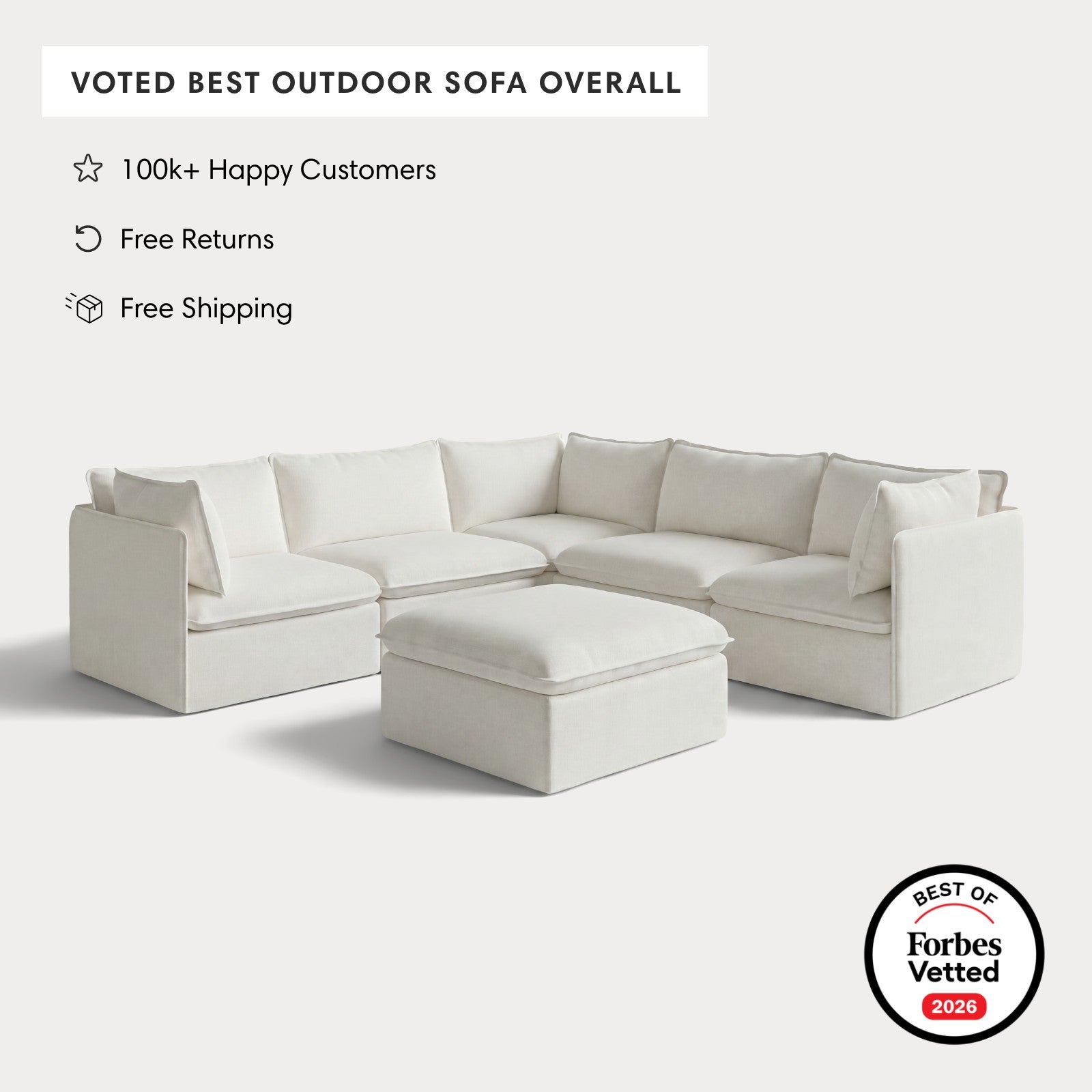 Modular Outdoor Washable 5-Seater Corner Sectional + Ottoman | Classic Canvas in Cloud
