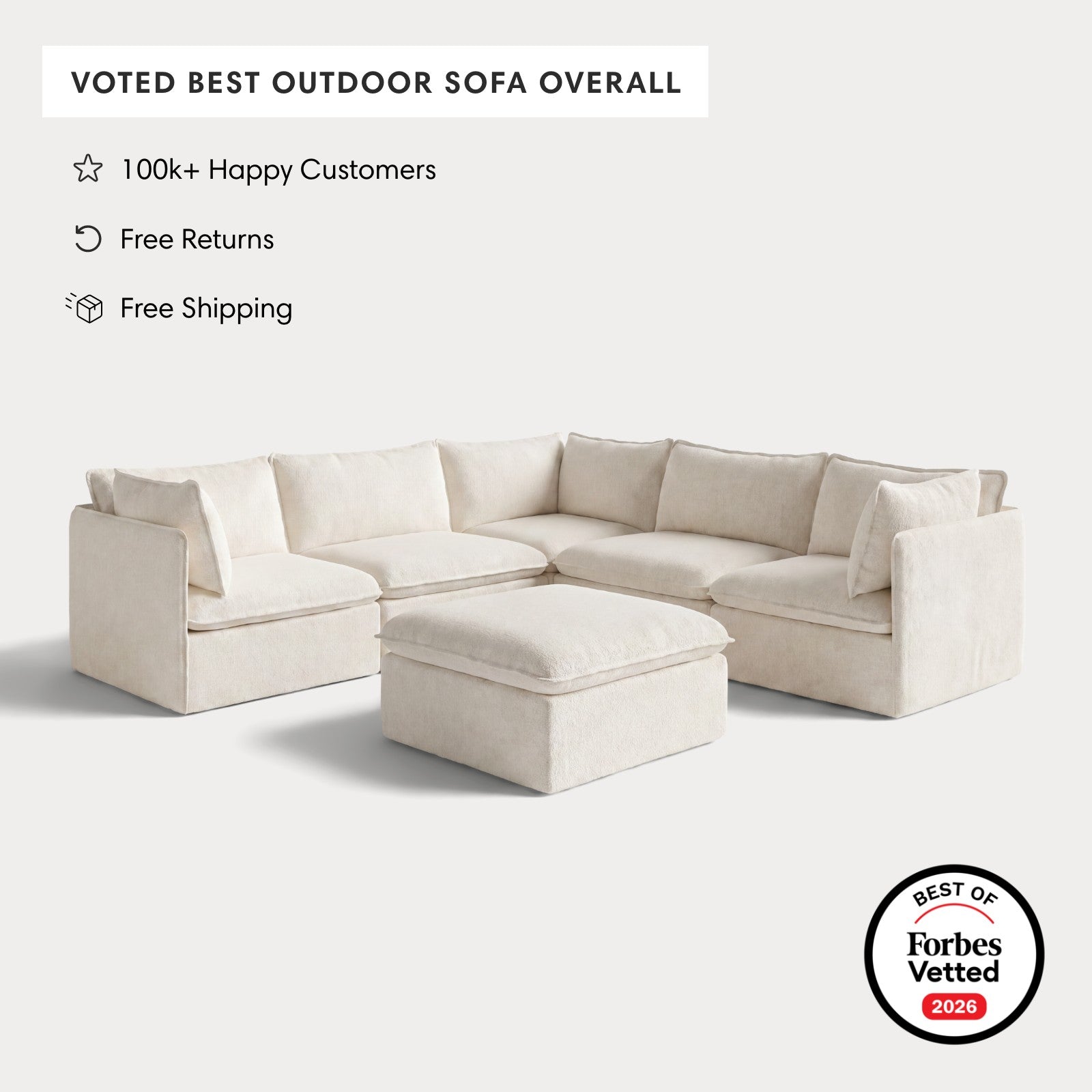 Modular Outdoor Washable 5-Seater Corner Sectional + Ottoman | Alfresco Boucle in Creme