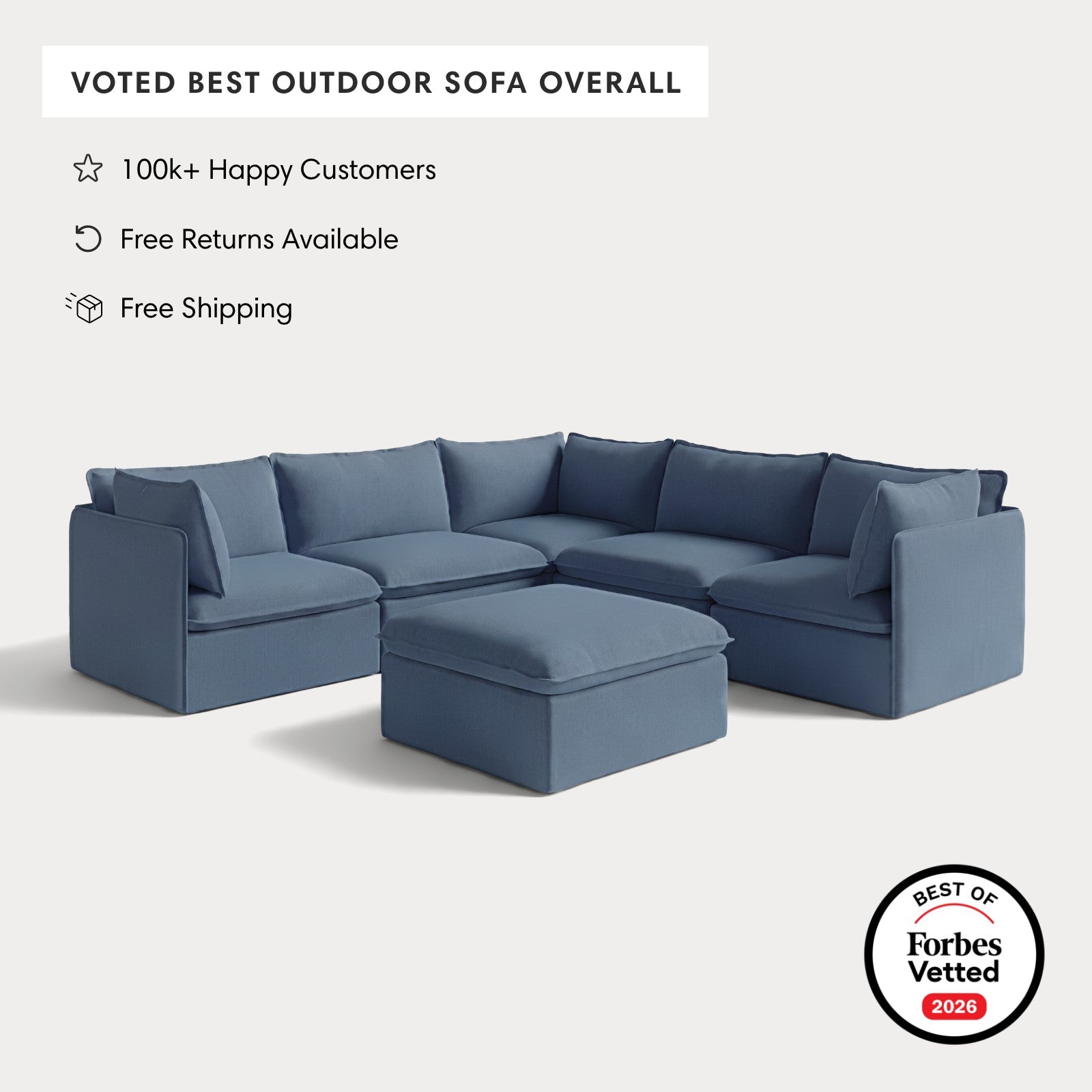 Modular Outdoor Washable 5-Seater Corner Sectional + Ottoman | Classic Canvas in Ocean