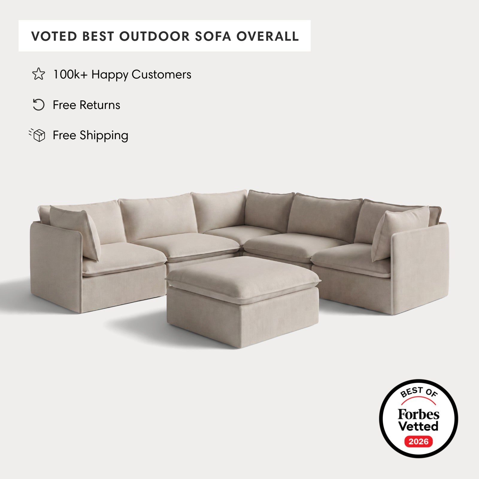 Modular Outdoor Washable 5-Seater Corner Sectional + Ottoman | Classic Canvas in Sand
