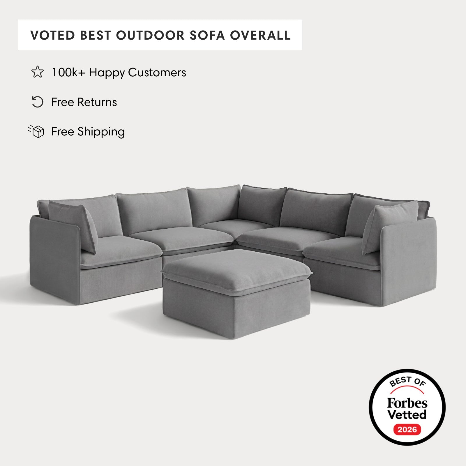 Modular Outdoor Washable 5-Seater Corner Sectional + Ottoman | Classic Canvas in Stone Gray