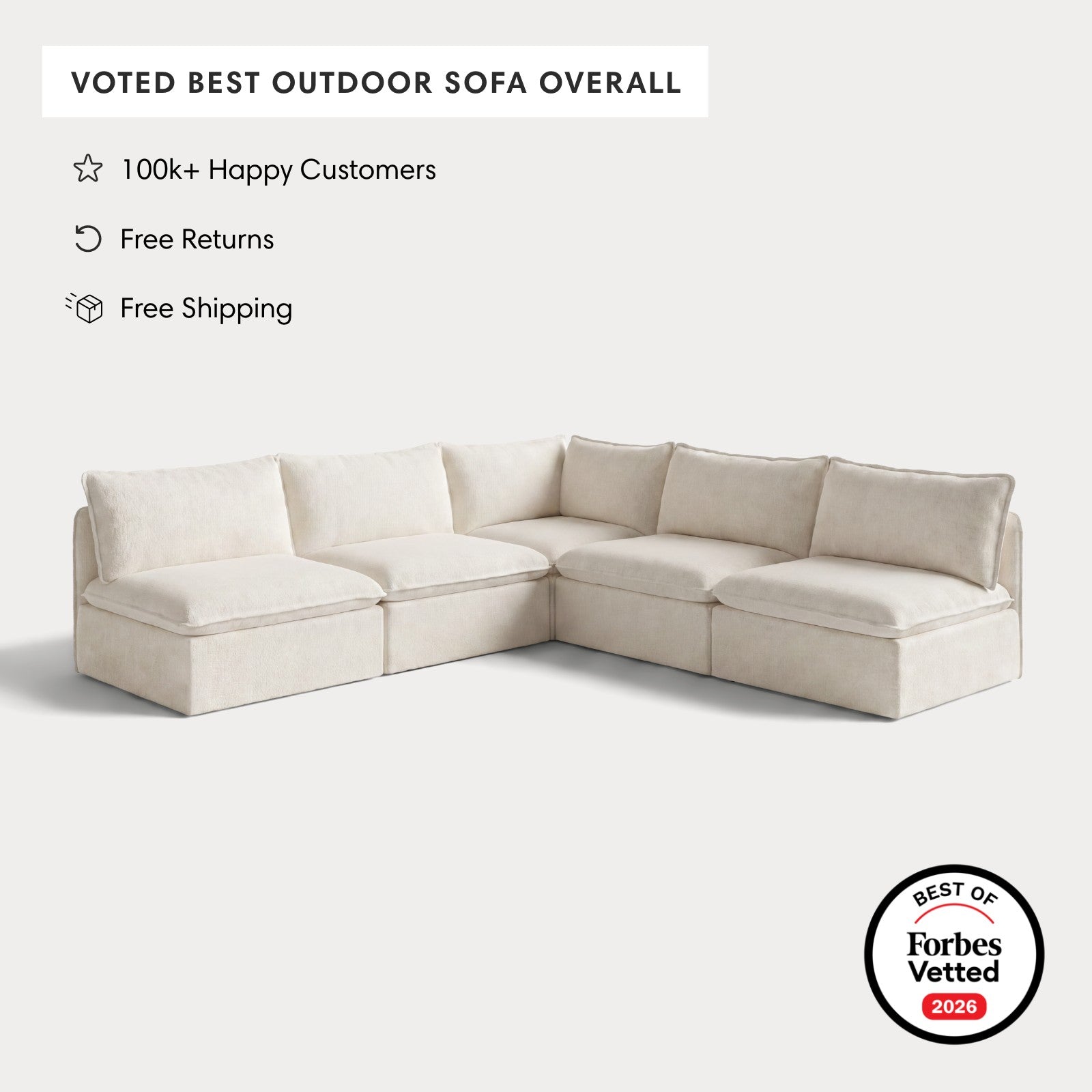 Modular Outdoor Washable 5-Seater Open-Ends Corner Sectional | Alfresco Boucle in Creme