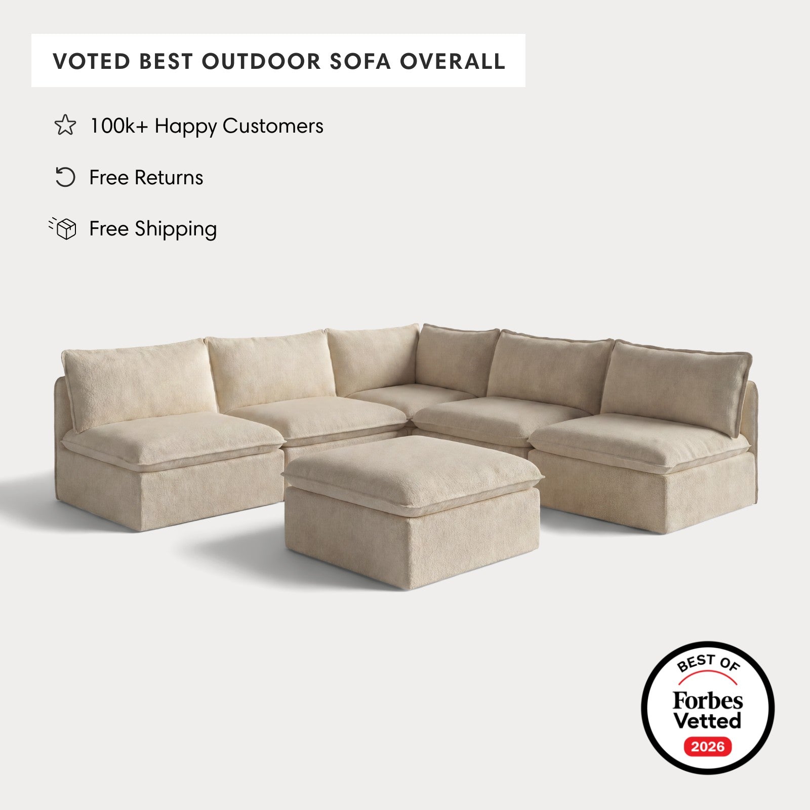 Modular Outdoor Washable 5-Seater Open-Ends Corner Sectional + Ottoman | Alfresco Boucle in Cashew