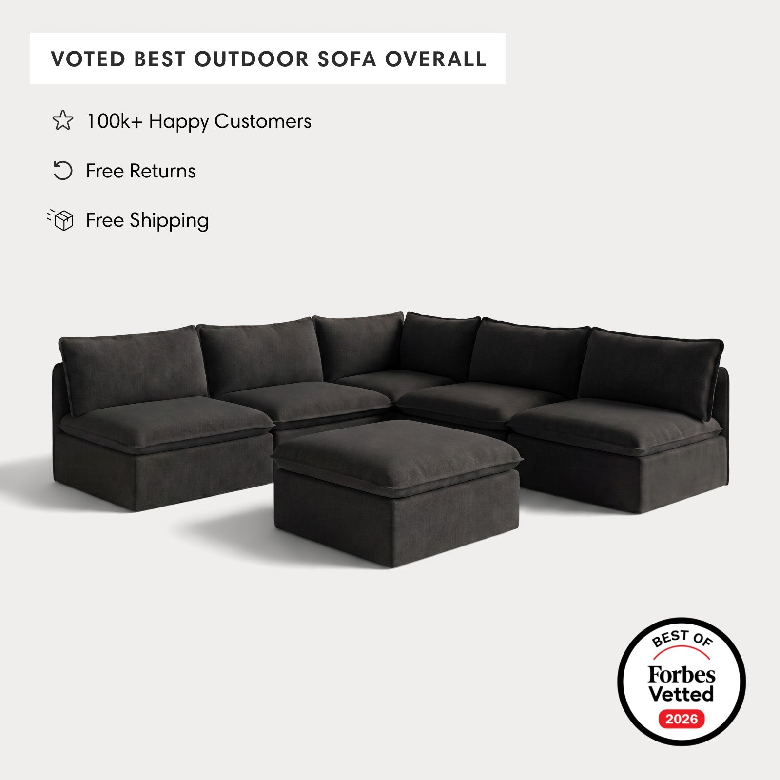 Modular Outdoor Washable 5-Seater Open-Ends Corner Sectional + Ottoman | Classic Canvas in Charcoal