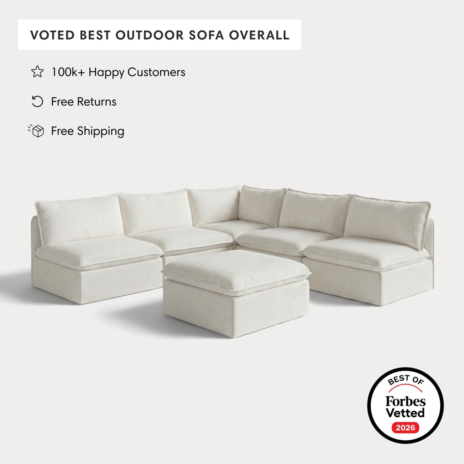 Modular Outdoor Washable 5-Seater Open-Ends Corner Sectional + Ottoman | Classic Canvas in Cloud