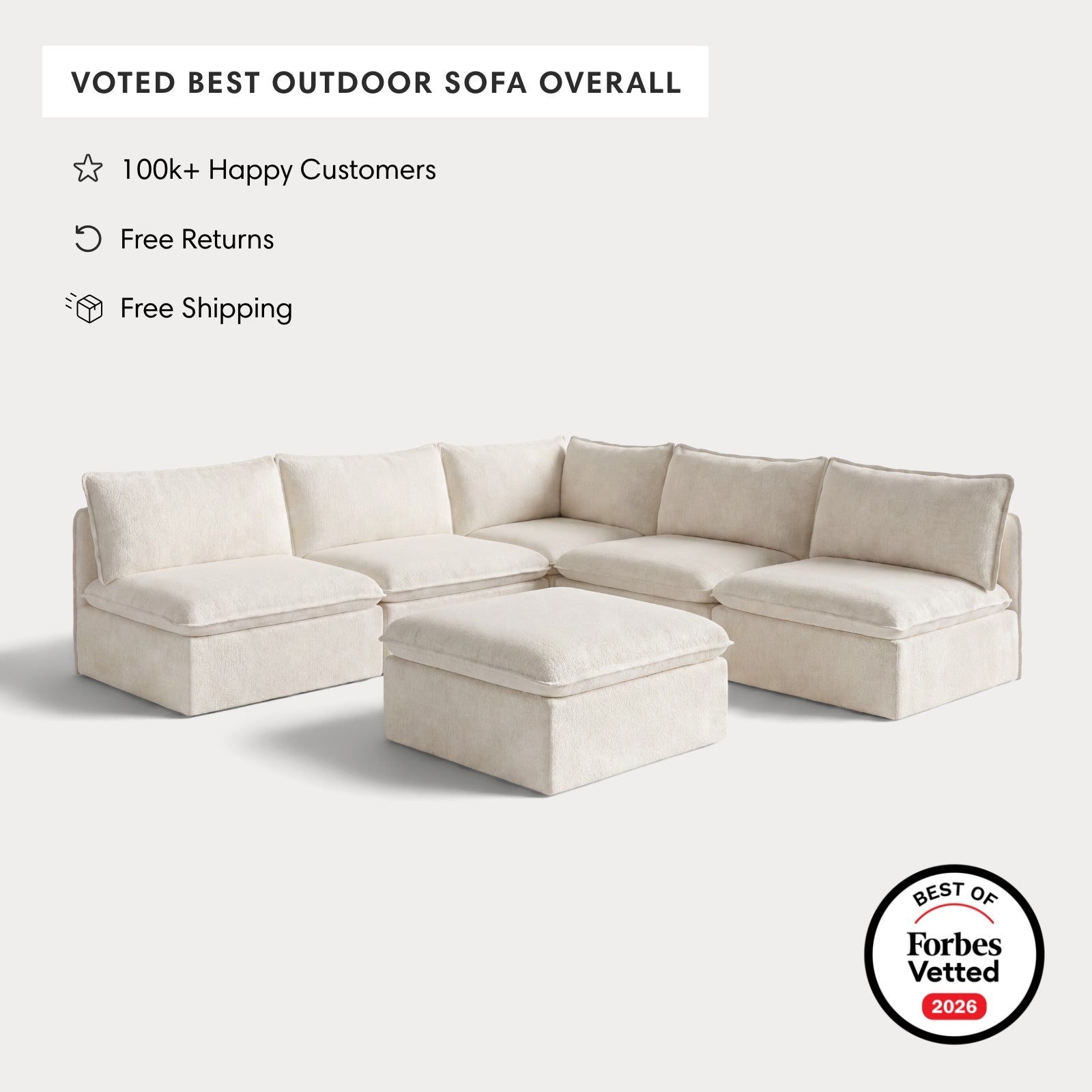 Modular Outdoor Washable 5-Seater Open-Ends Corner Sectional + Ottoman | Alfresco Boucle in Creme