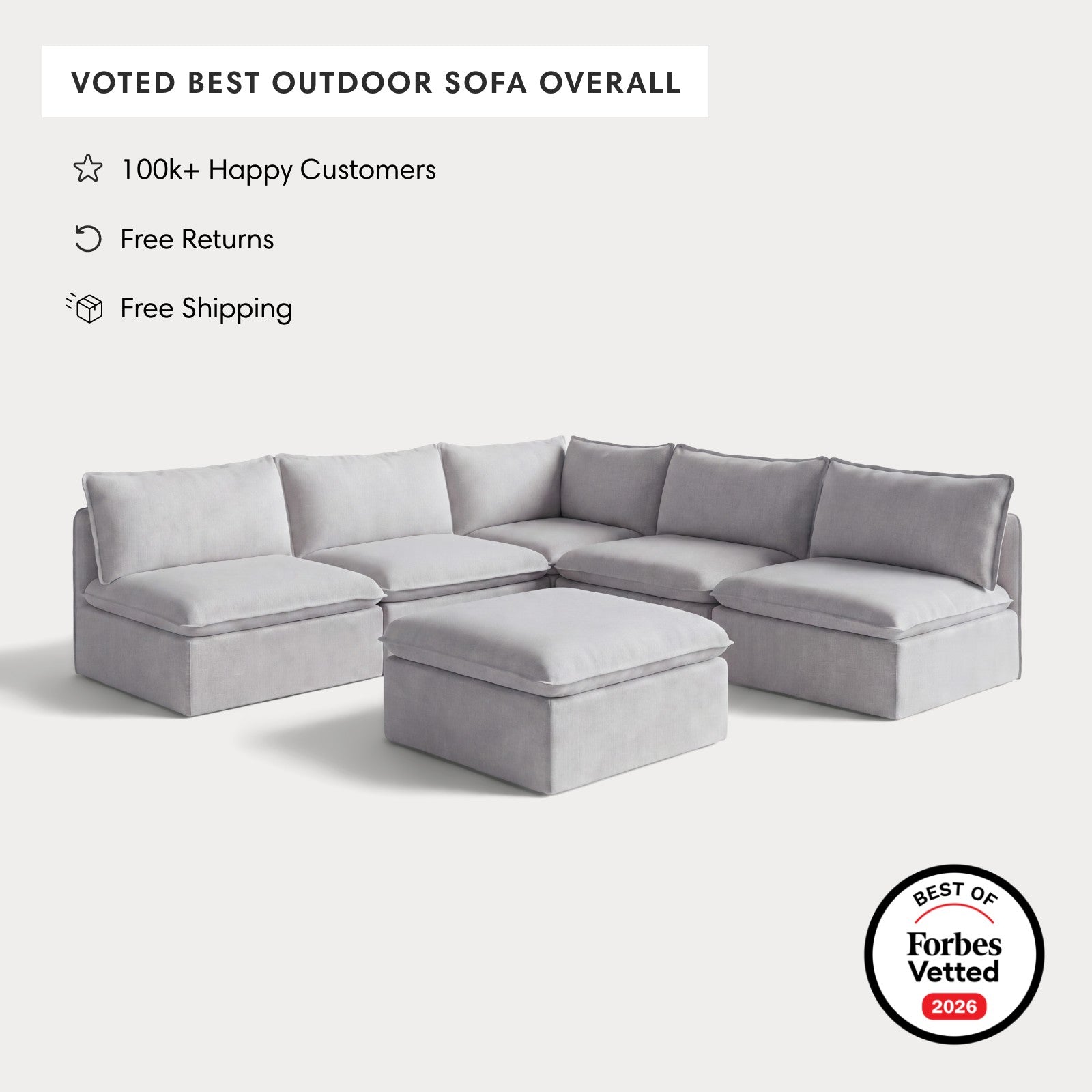 Modular Outdoor Washable 5-Seater Open-Ends Corner Sectional + Ottoman | Nano Slubweave in Mist