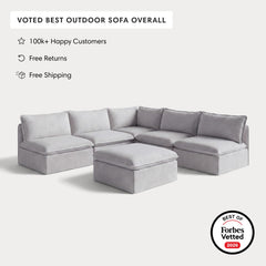 Modular Outdoor Washable 5-Seater Open-Ends Corner Sectional + Ottoman | Nano Slubweave in Mist