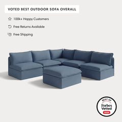 Modular Outdoor Washable 5-Seater Open-Ends Corner Sectional + Ottoman | Classic Canvas in Ocean