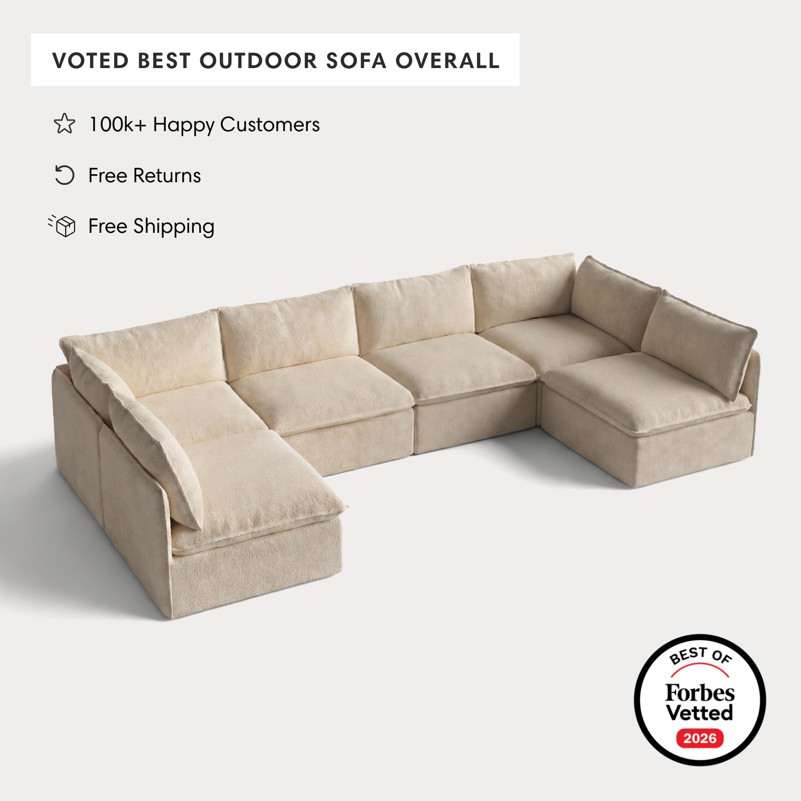 Modular Outdoor Washable 6-Seater Open-Ends U-Sectional | Alfresco Boucle in Cashew