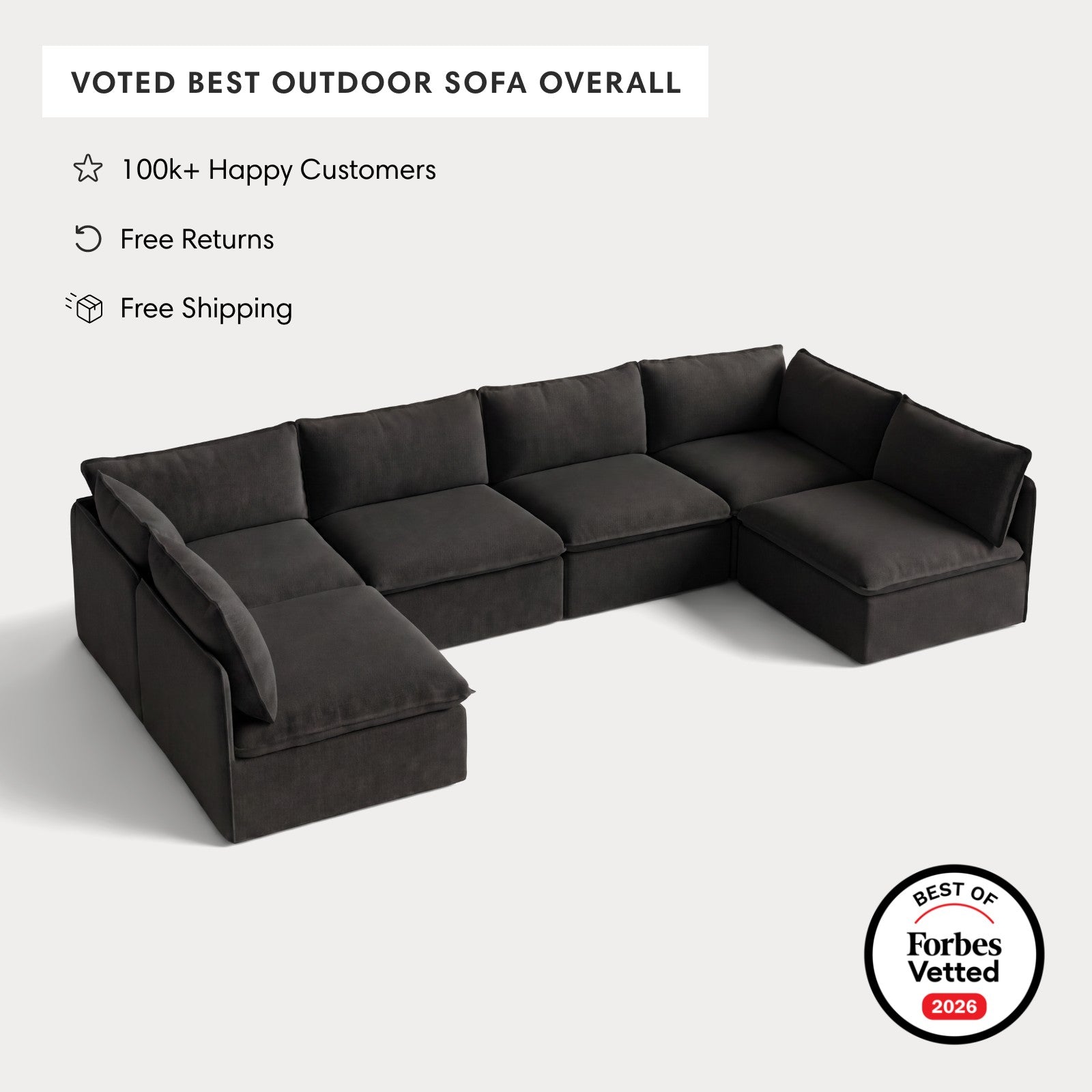 Modular Outdoor Washable 6-Seater Open-Ends U-Sectional | Classic Canvas in Charcoal