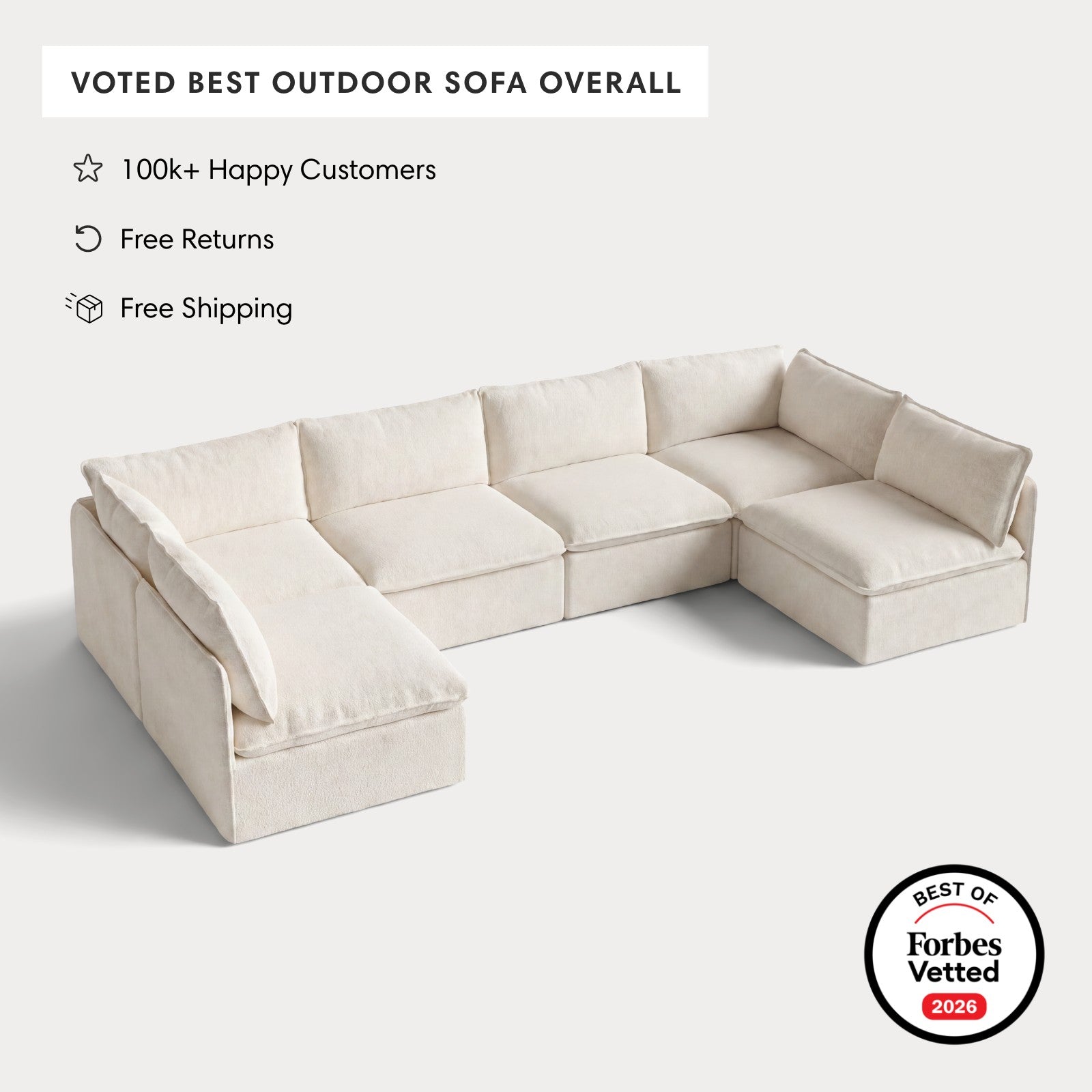 Modular Outdoor Washable 6-Seater Open-Ends U-Sectional | Alfresco Boucle in Creme