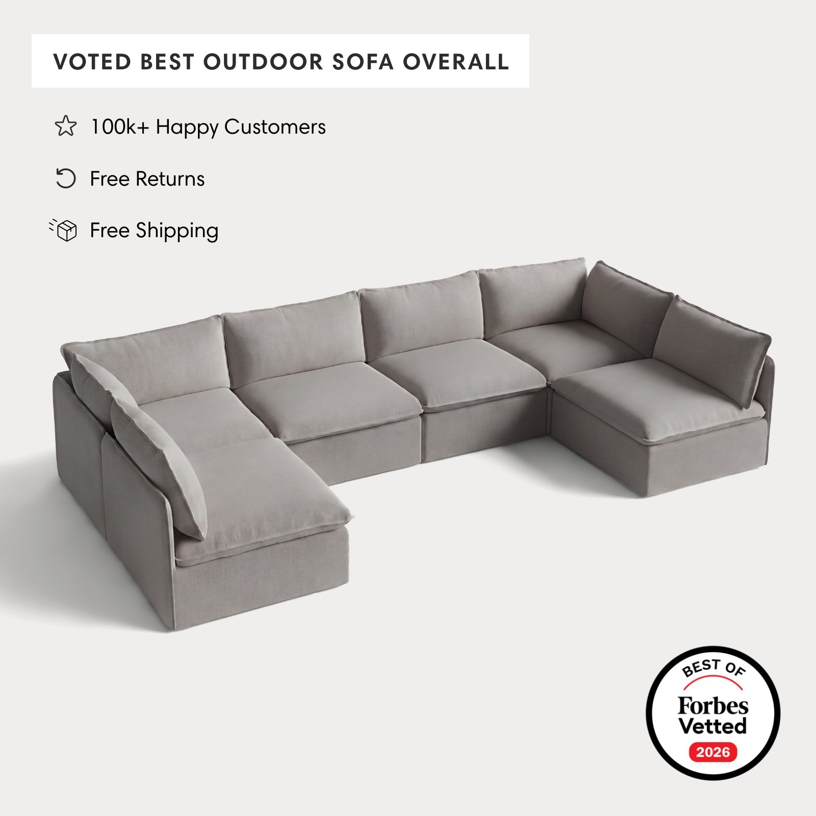 Modular Outdoor Washable 6-Seater Open-Ends U-Sectional | Nano Slubweave in Haze Gray