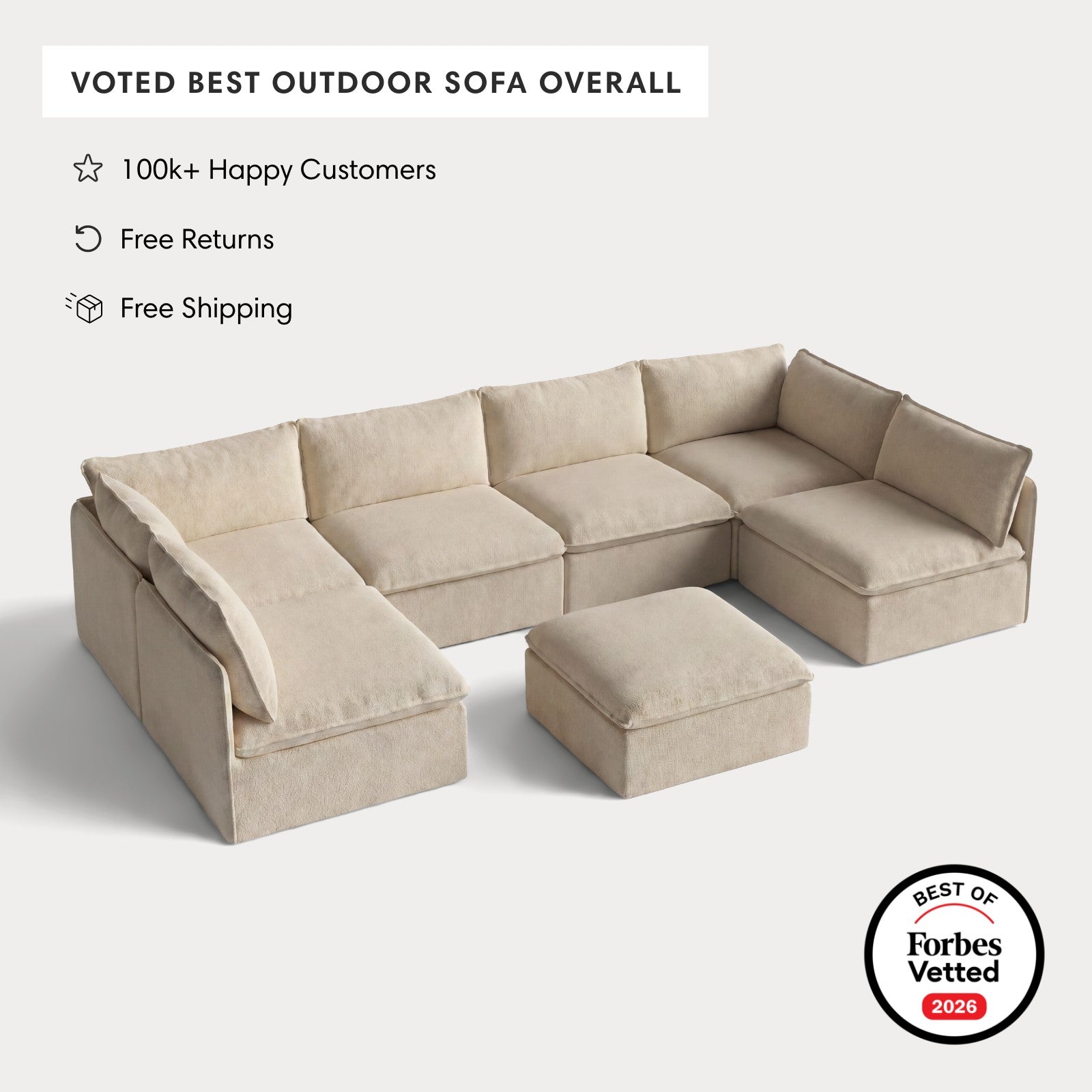 Modular Outdoor Washable 6-Seater Open-Ends U-Sectional + Ottoman | Alfresco Boucle in Cashew