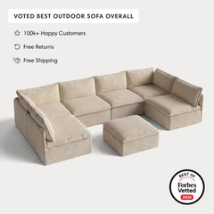 Modular Outdoor Washable 6-Seater Open-Ends U-Sectional + Ottoman | Alfresco Boucle in Cashew