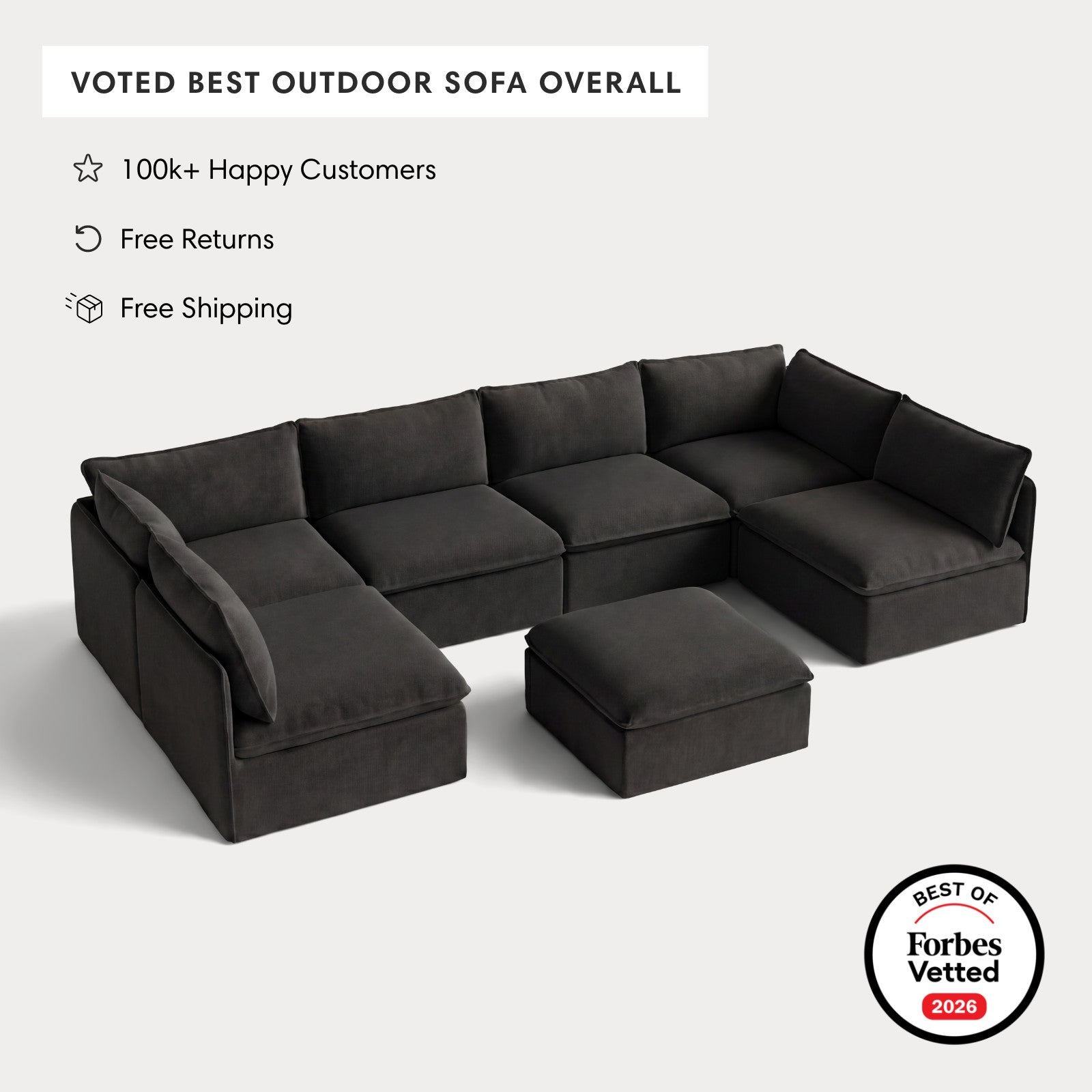 Modular Outdoor Washable 6-Seater Open-Ends U-Sectional + Ottoman | Classic Canvas in Charcoal