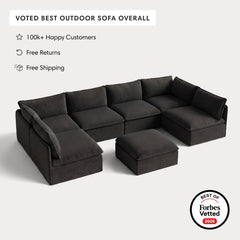Modular Outdoor Washable 6-Seater Open-Ends U-Sectional + Ottoman | Classic Canvas in Charcoal