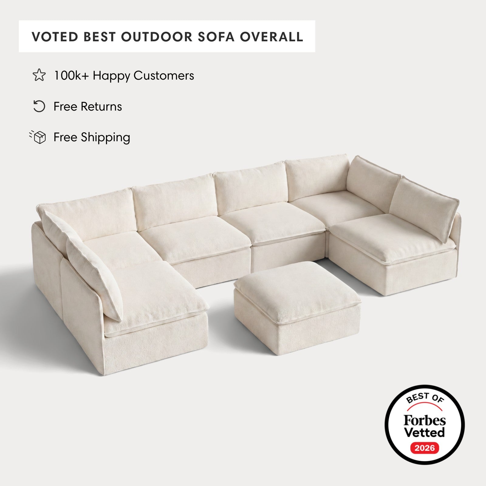 Modular Outdoor Washable 6-Seater Open-Ends U-Sectional + Ottoman | Alfresco Boucle in Creme