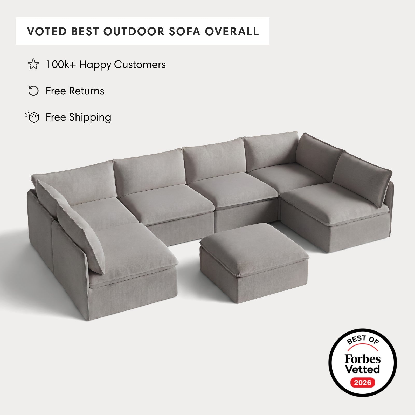 Modular Outdoor Washable 6-Seater Open-Ends U-Sectional + Ottoman | Nano Slubweave in Haze Gray