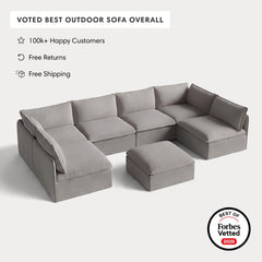 Modular Outdoor Washable 6-Seater Open-Ends U-Sectional + Ottoman | Nano Slubweave in Haze Gray