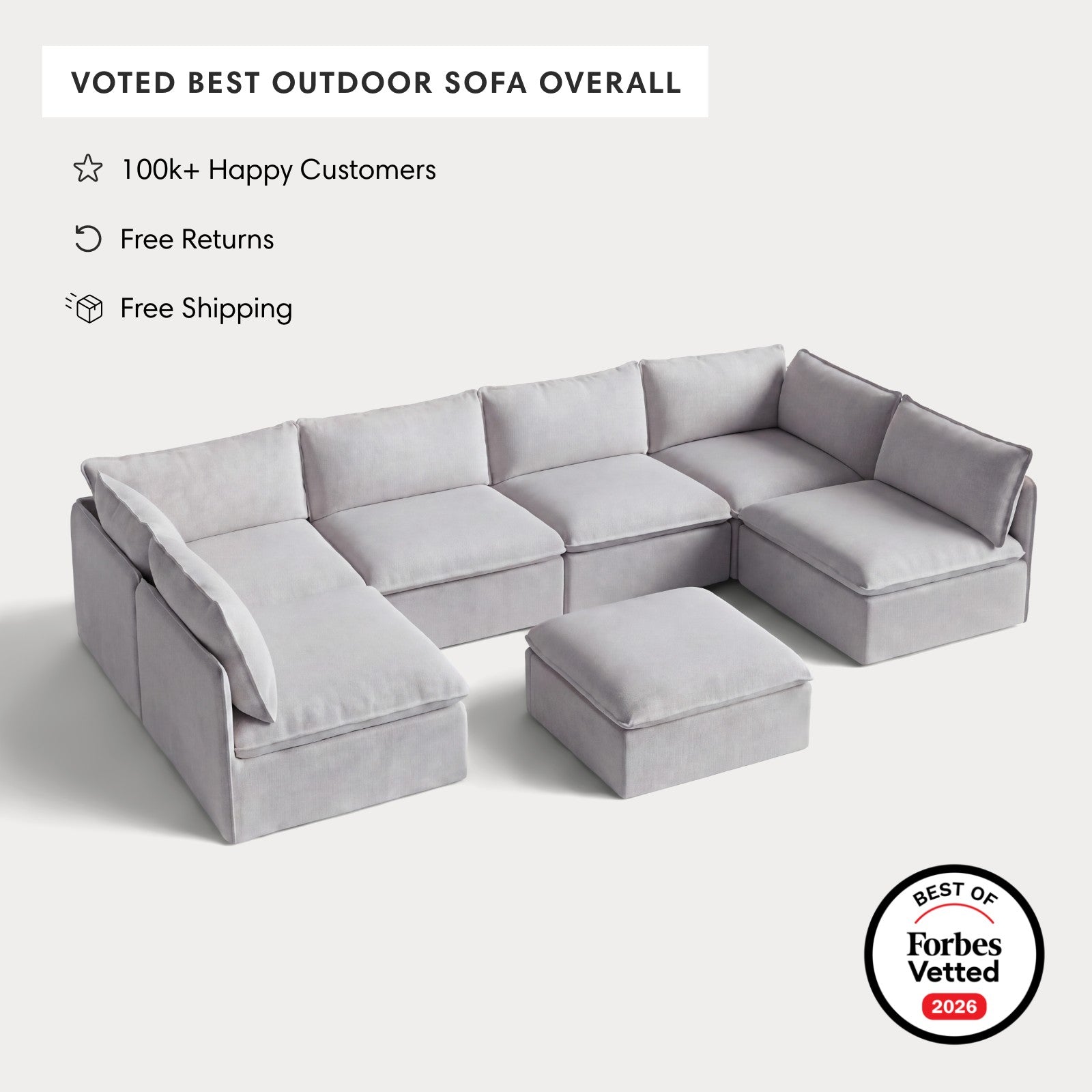 Modular Outdoor Washable 6-Seater Open-Ends U-Sectional + Ottoman | Nano Slubweave in Mist