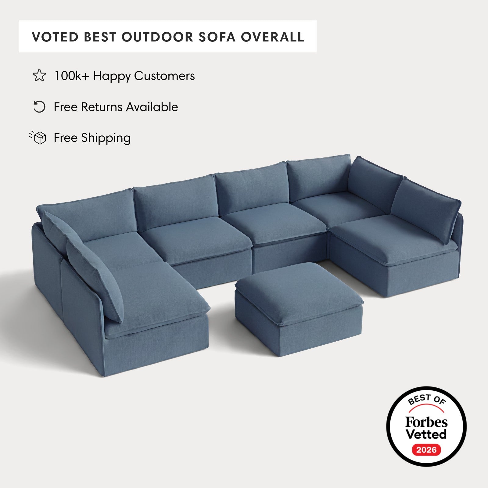 Modular Outdoor Washable 6-Seater Open-Ends U-Sectional + Ottoman | Classic Canvas in Ocean