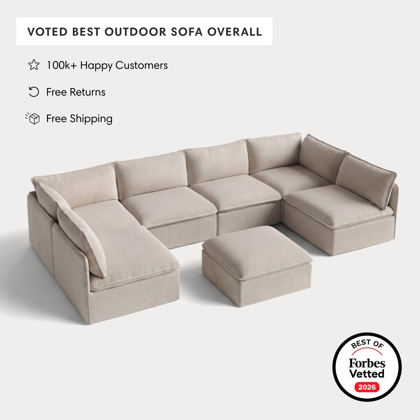 Modular Outdoor Washable 6-Seater Open-Ends U-Sectional + Ottoman | Classic Canvas in Sand
