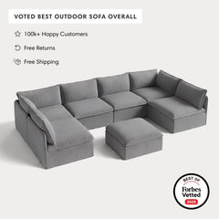 Modular Outdoor Washable 6-Seater Open-Ends U-Sectional + Ottoman | Classic Canvas in Stone Gray