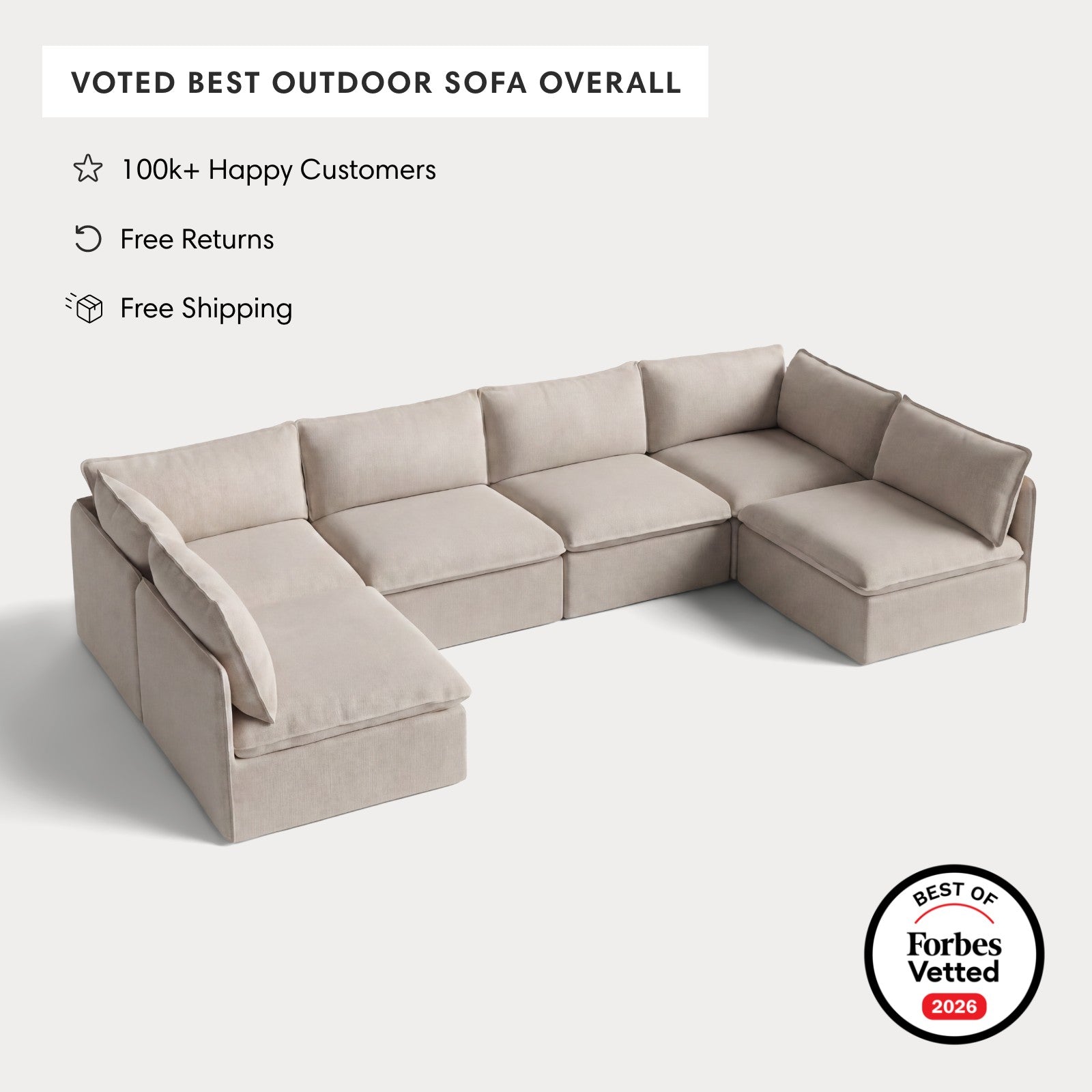 Modular Outdoor Washable 6-Seater Open-Ends U-Sectional | Classic Canvas in Sand