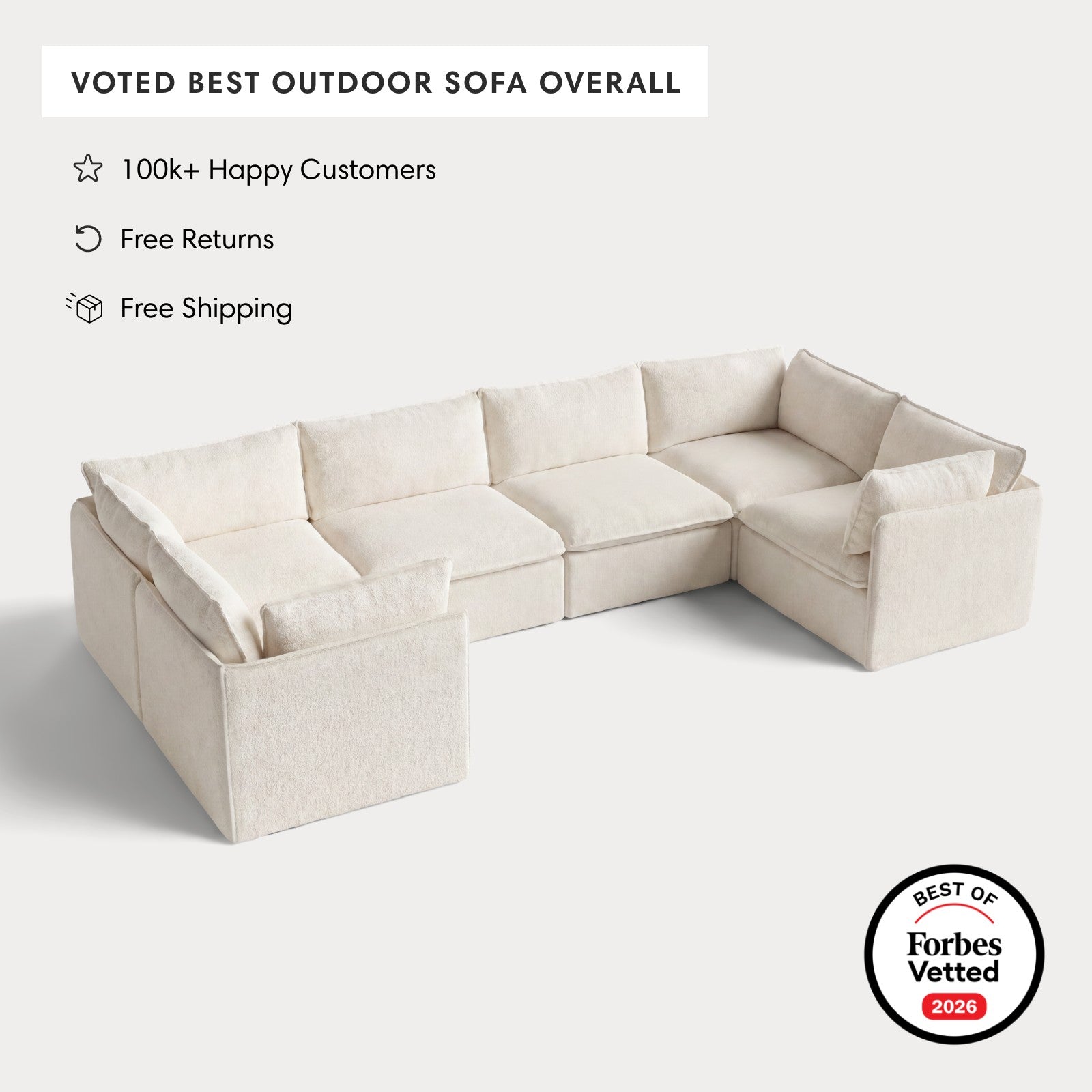 Modular Outdoor Washable 6-Seater U-Sectional | Alfresco Boucle in Creme