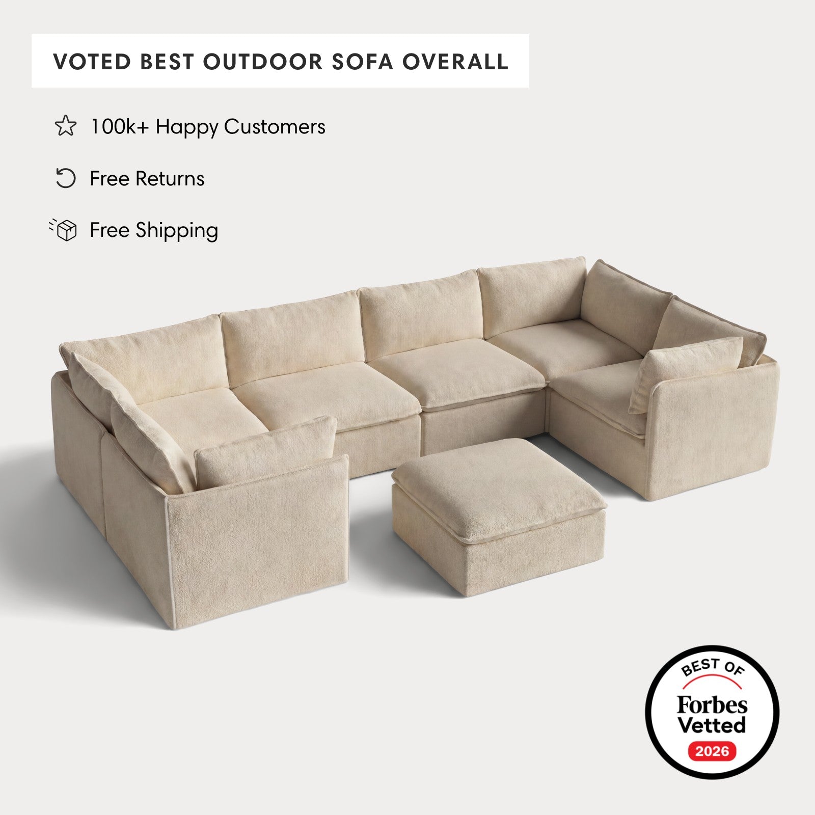 Modular Outdoor Washable 6-Seater U-Sectional + Ottoman | Alfresco Boucle in Cashew