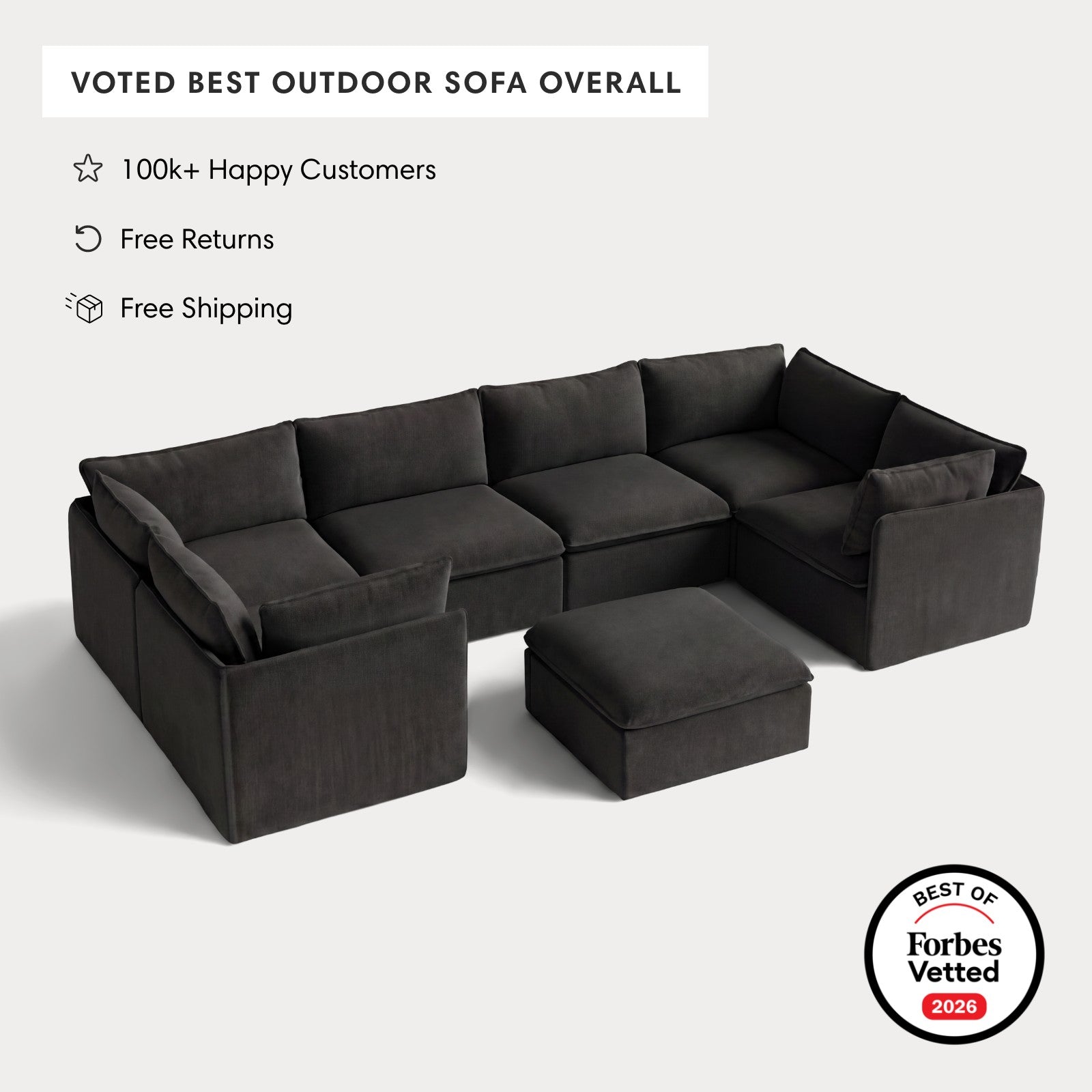 Modular Outdoor Washable 6-Seater U-Sectional + Ottoman | Classic Canvas in Charcoal