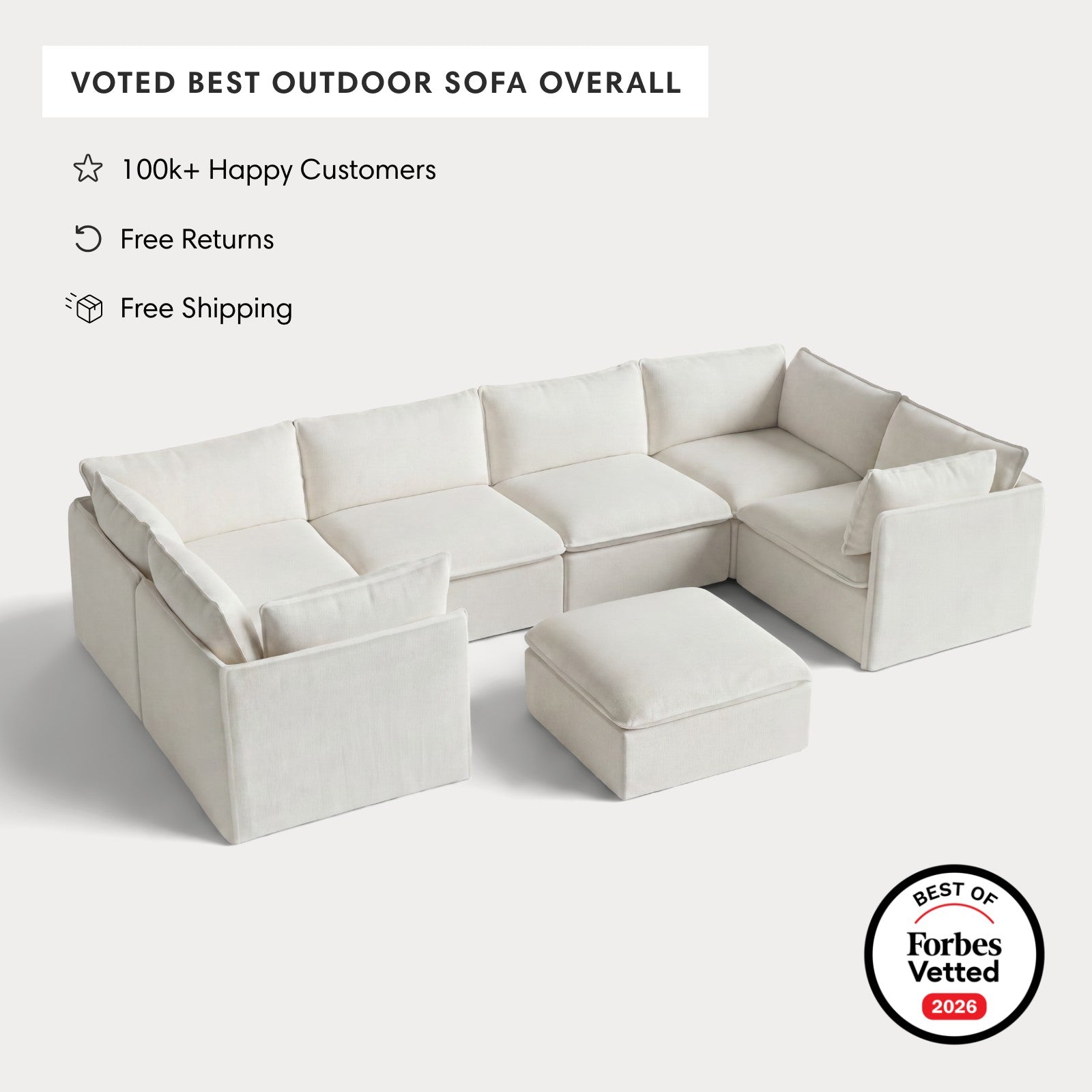 Modular Outdoor Washable 6-Seater U-Sectional + Ottoman | Classic Canvas in Cloud