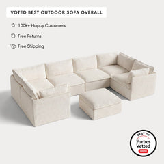 Modular Outdoor Washable 6-Seater U-Sectional + Ottoman | Alfresco Boucle in Creme
