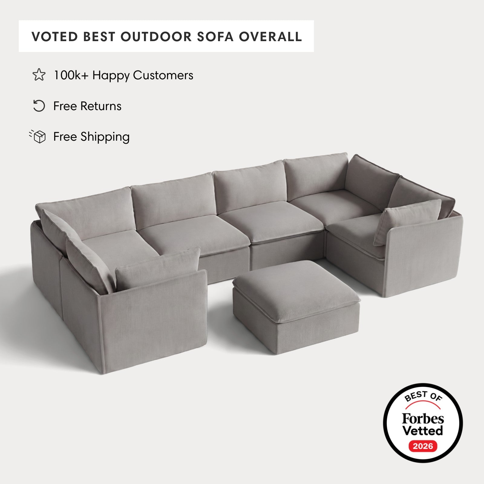Modular Outdoor Washable 6-Seater U-Sectional + Ottoman | Nano Slubweave in Haze Gray