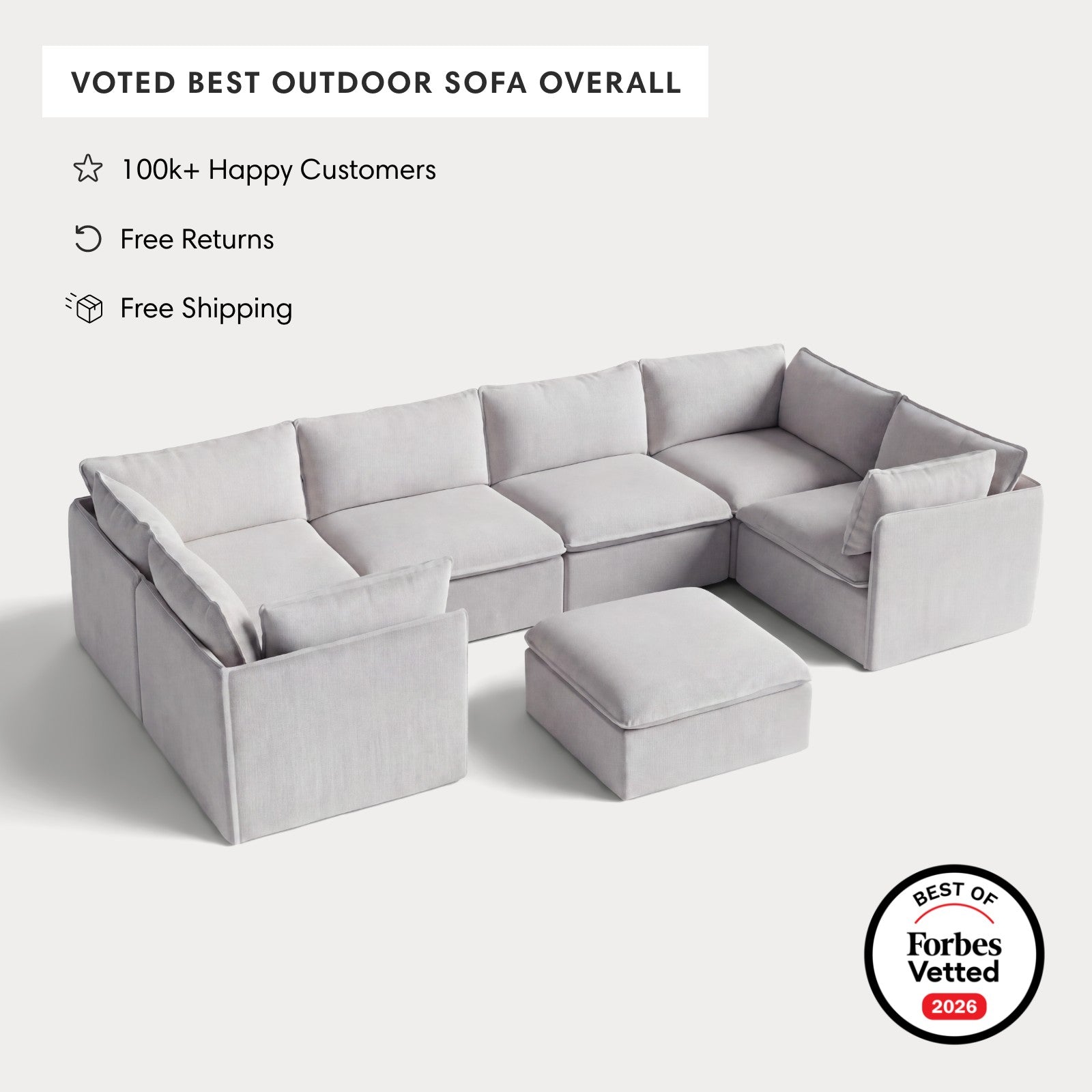 Modular Outdoor Washable 6-Seater U-Sectional + Ottoman | Nano Slubweave in Mist