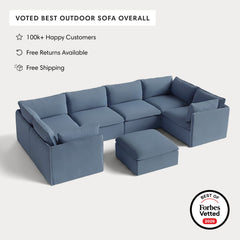 Modular Outdoor Washable 6-Seater U-Sectional + Ottoman | Classic Canvas in Ocean